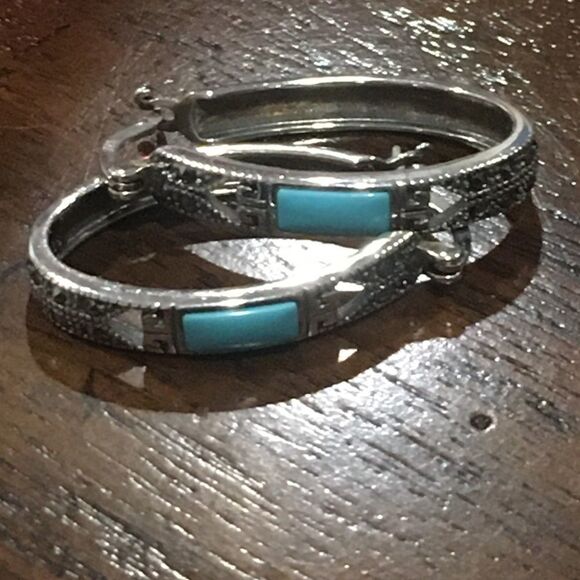 Turquoise Marcasite Sterling Silver Oval Hoop Saddle Back Earrings - Picture 6 of 9